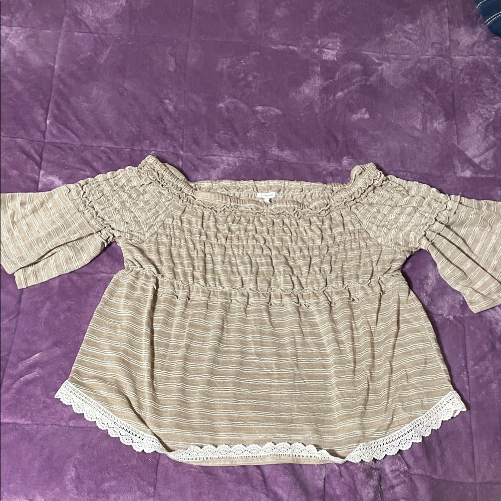 Maurices Beige Striped Off-Shoulder Smocked Blouse